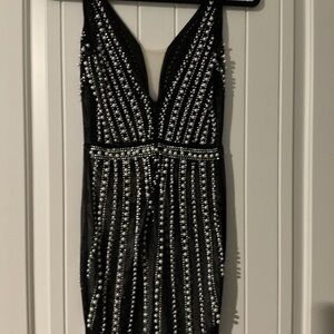 Black Beaded V-Neck Evening Dress